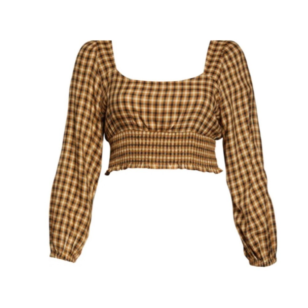 BP‎ Dreamy Smocked Long Sleeve Crop Top in Tan Black Jorja Text Plaid